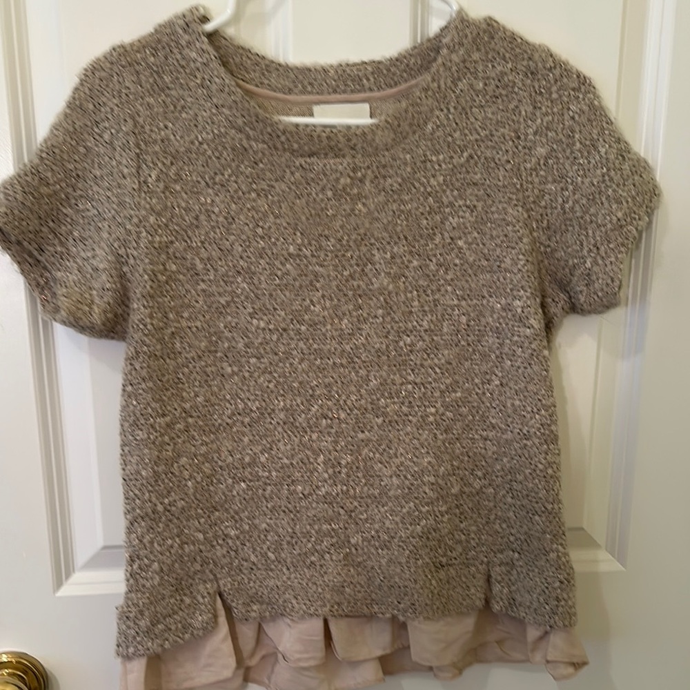 Greylin Beige Knit Top, Short Sleeves with Ruffle Detail, Size XS